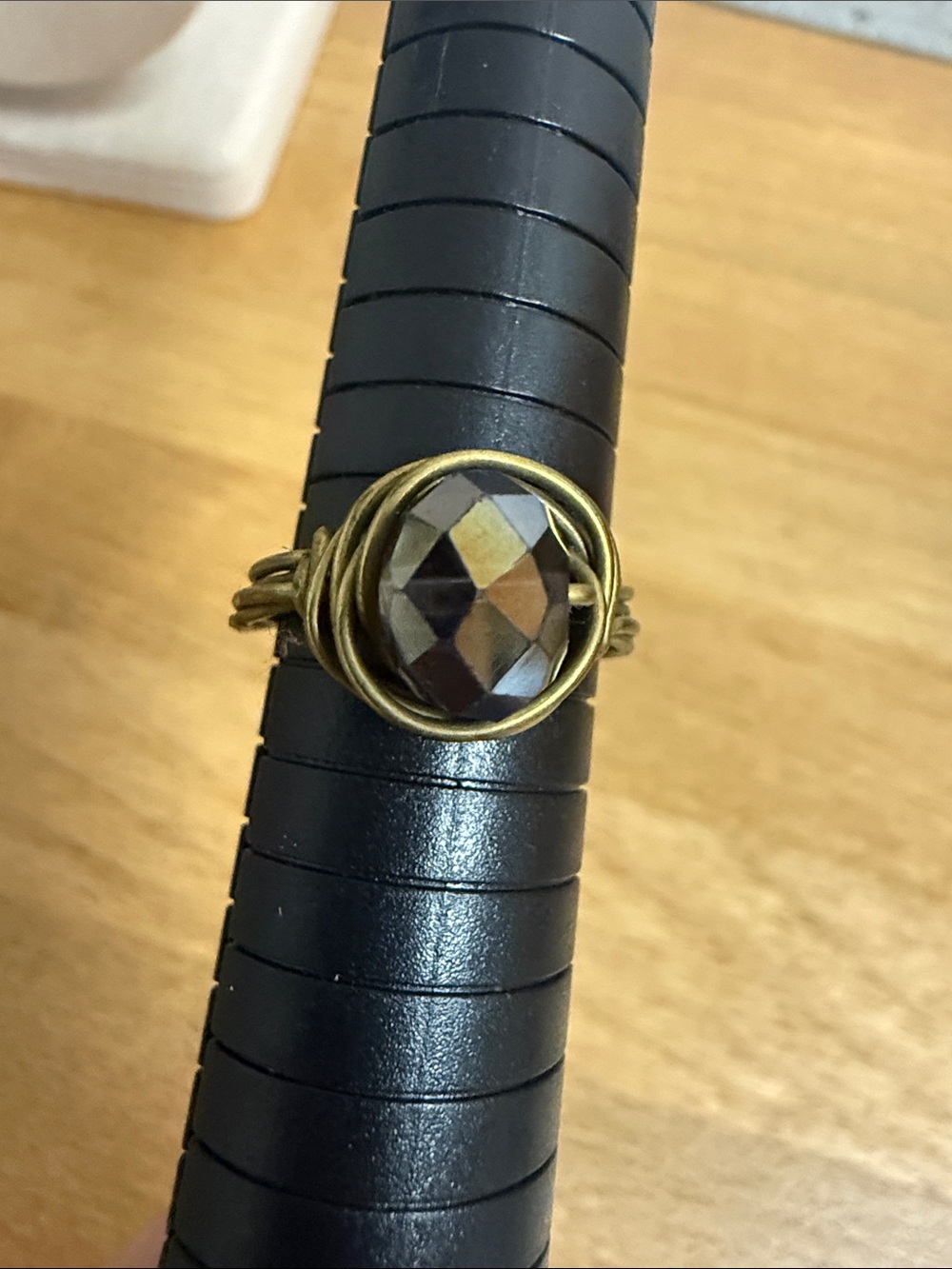 Faceted grey crystal large cocktail signet ring with wire band statement gold